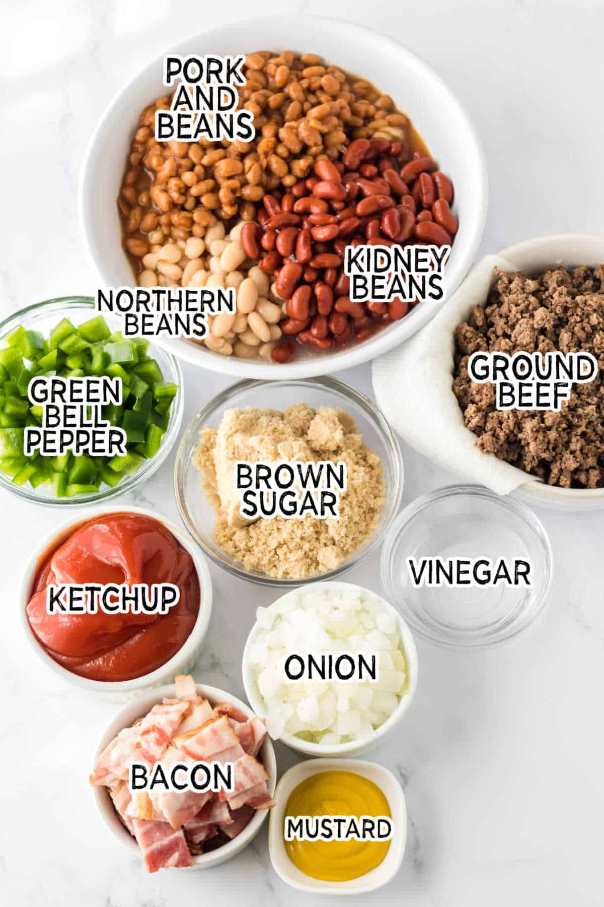 Ingredients to make slow cooker cowboy beans. 