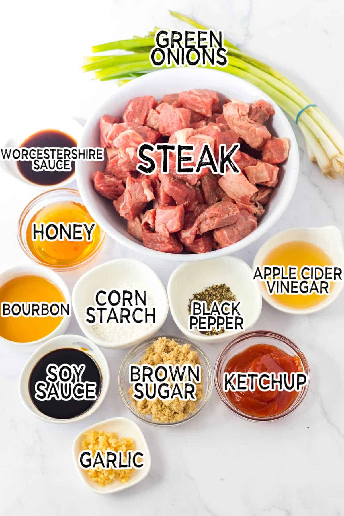 Ingredients to make slow cooker honey bourbon steak bites.