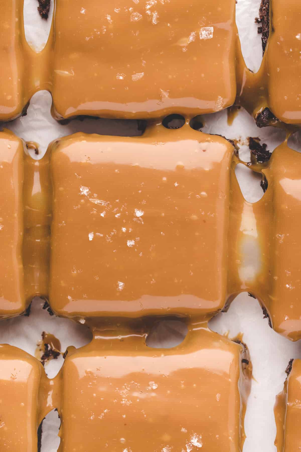 Salted caramel brownies cut into squares.