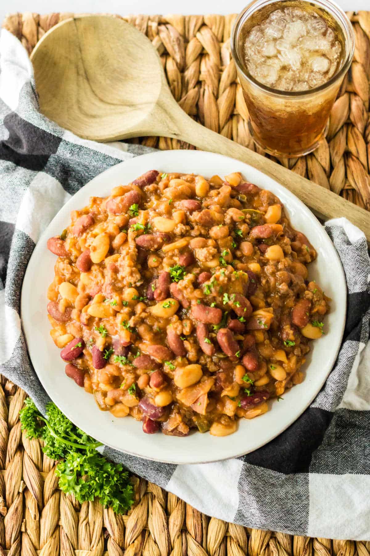 Cowboy beans on a plate.