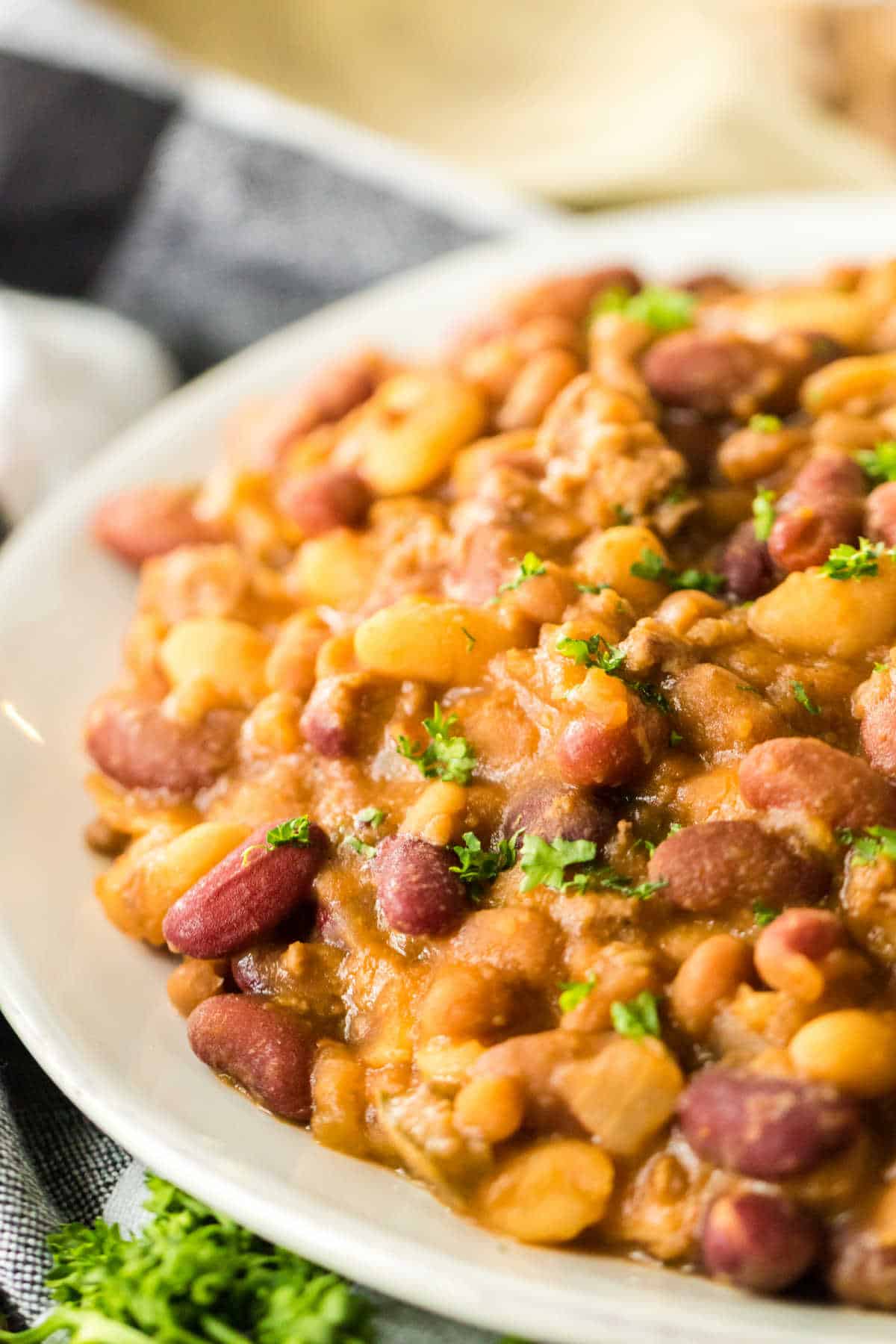 Cowboy beans on a plate.