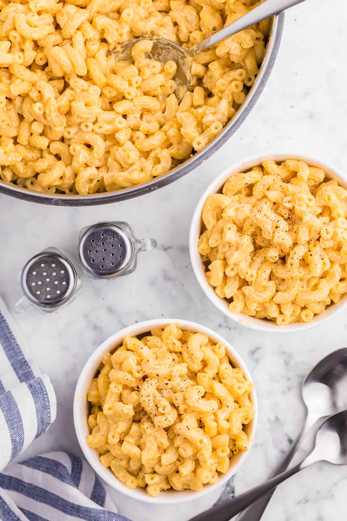 Two bowls of stovetop mac and cheese.