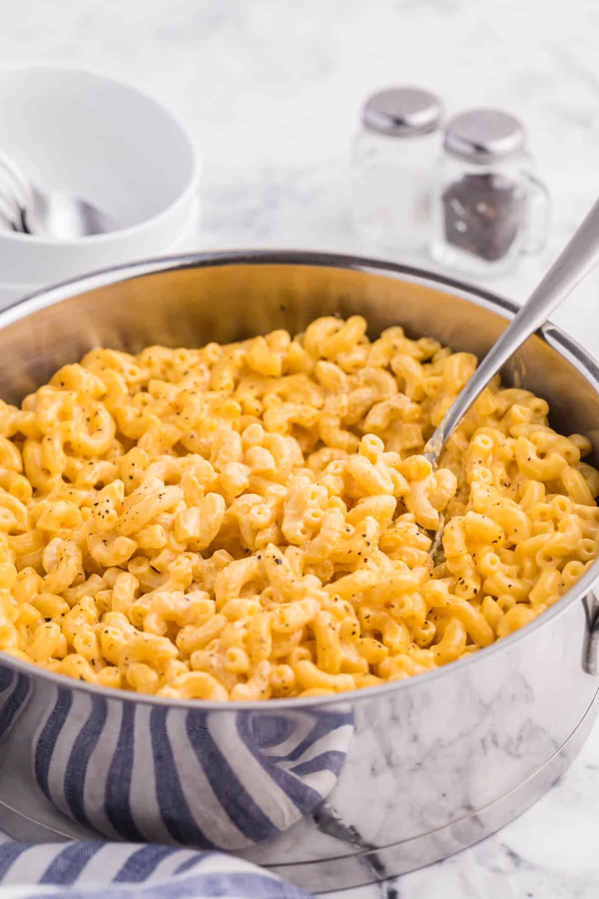 A pot of stovetop mac and cheese.