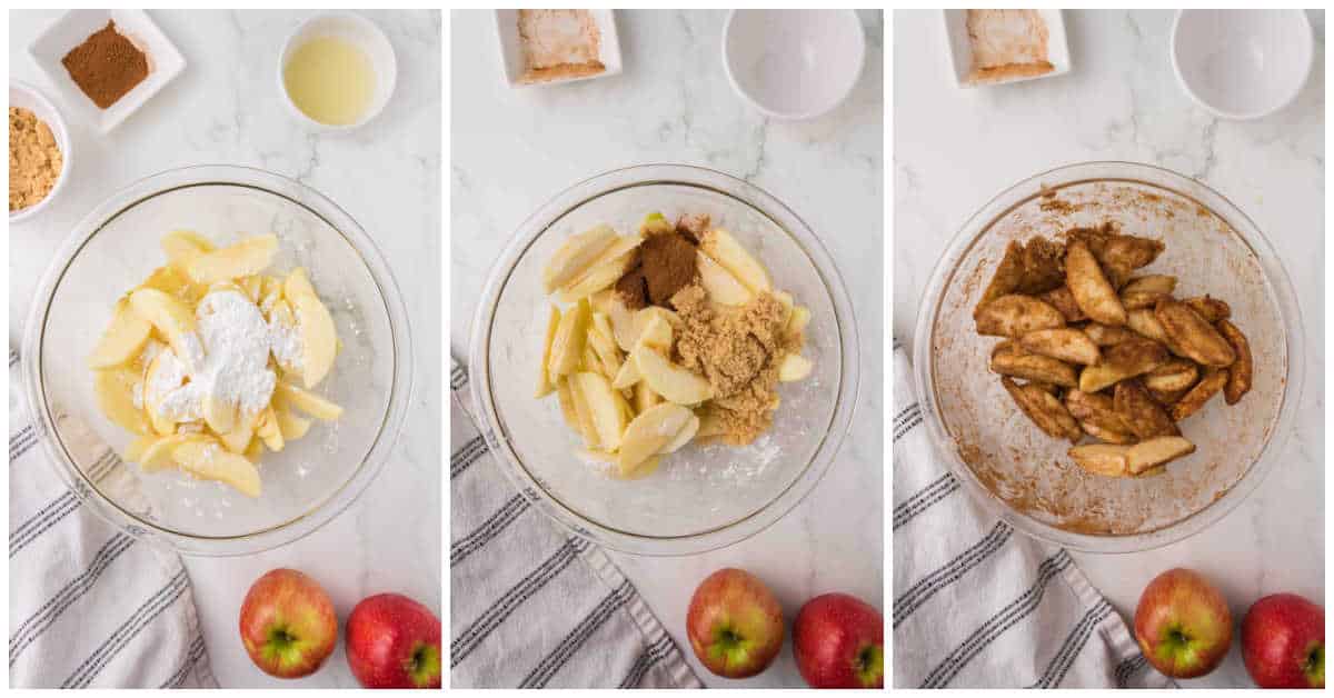 Collage of mixing the apples with ingredients in a bowl.