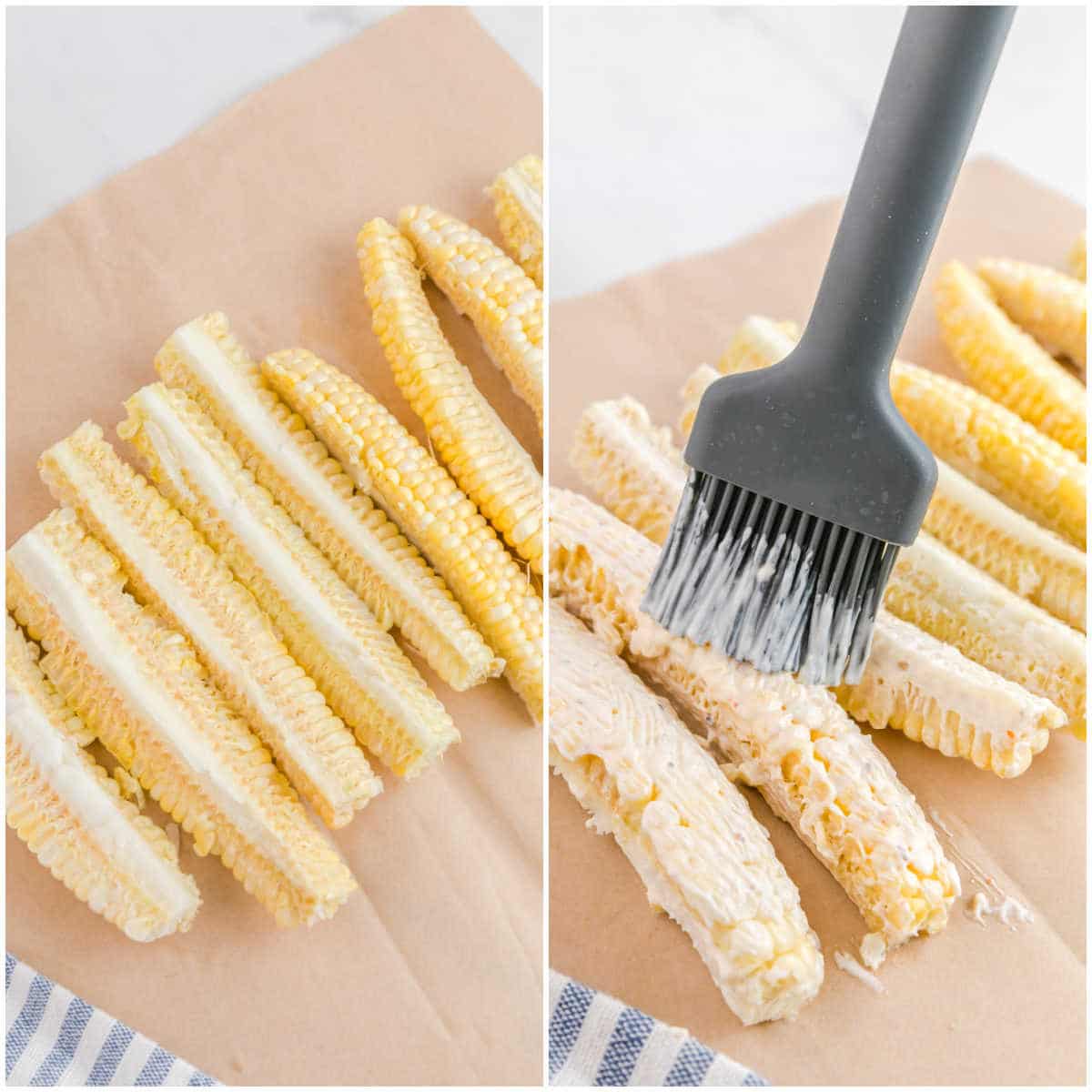 Collage of brushing sauce on the corn.