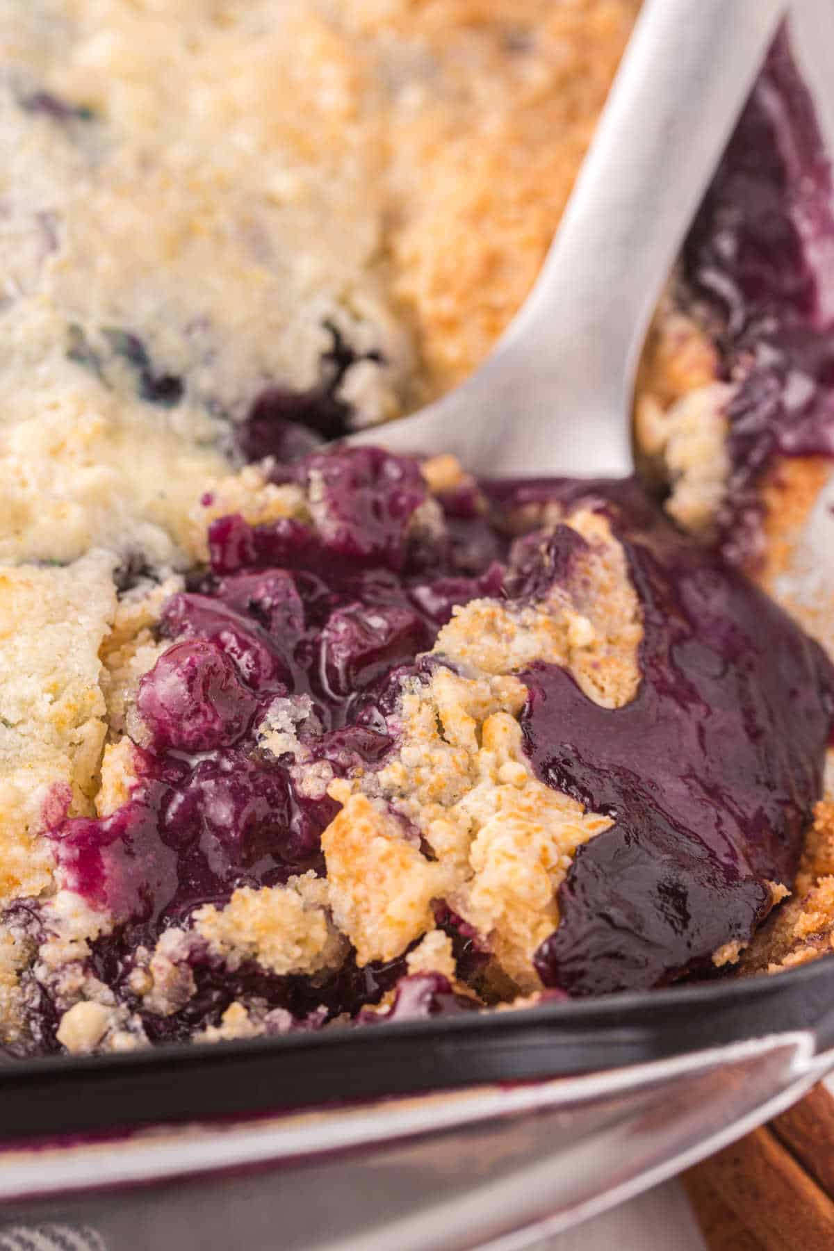 Blueberry cobbler in a pan with a serving spoon.