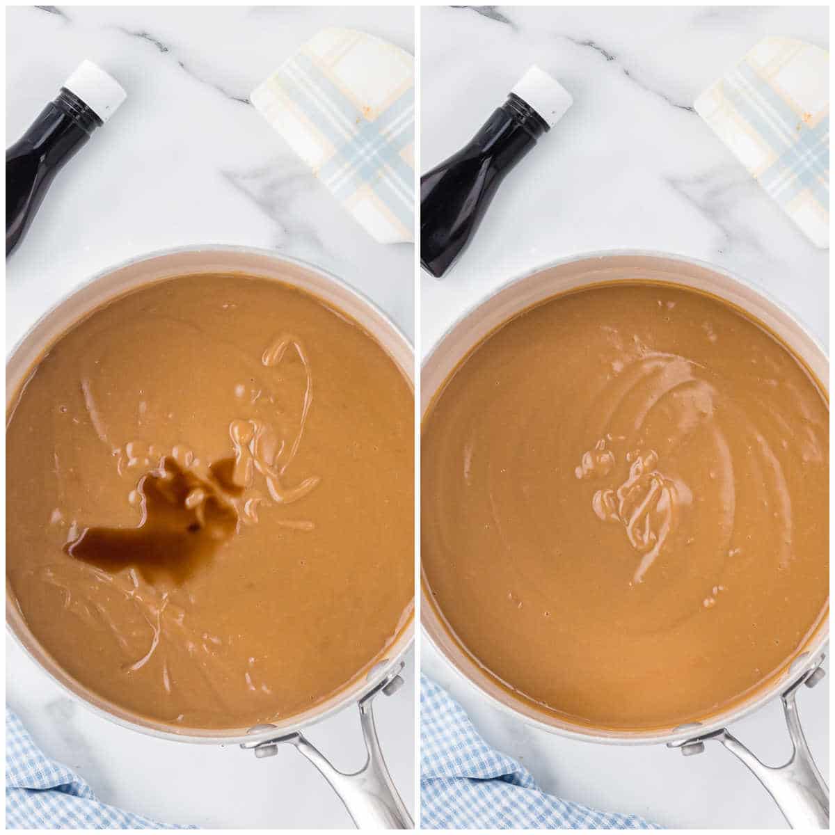 Collage of adding the vanilla extract to the pudding.