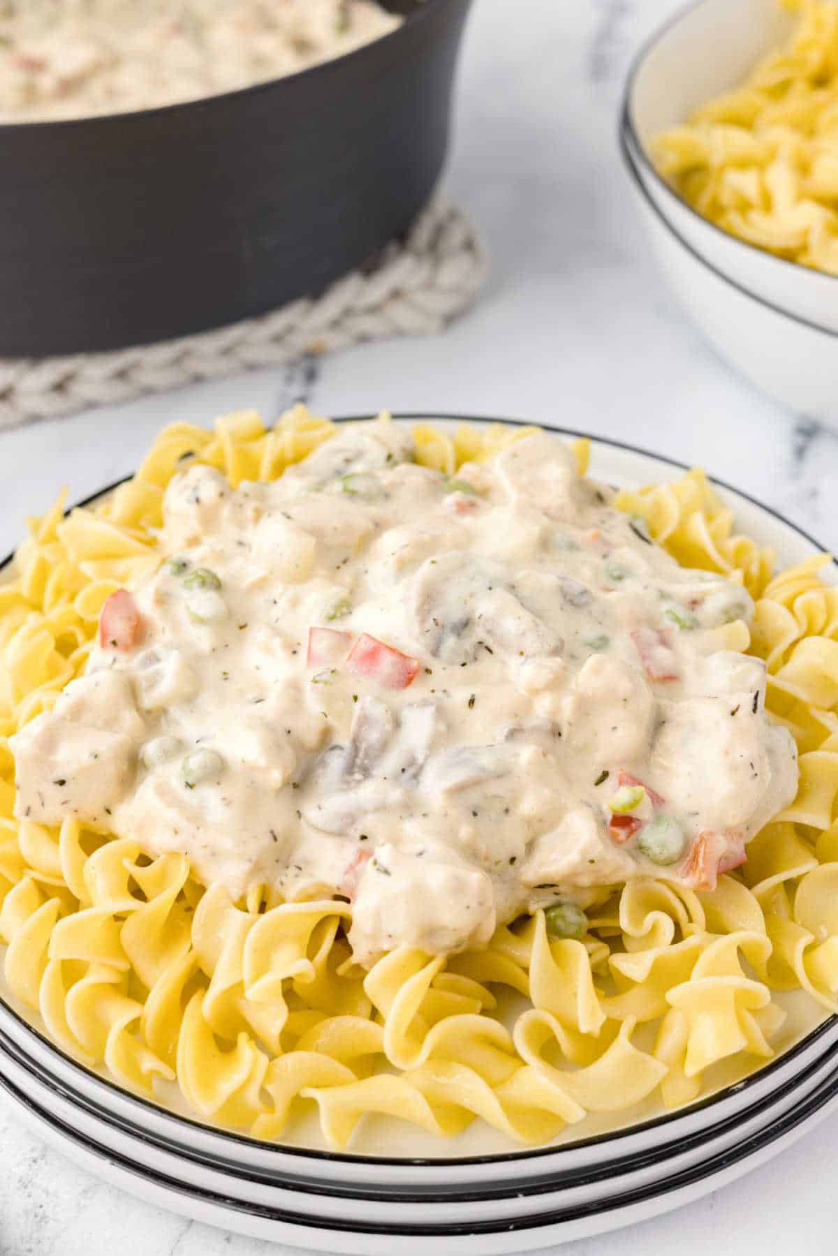 Chicken a la king over egg noodles on a plate.