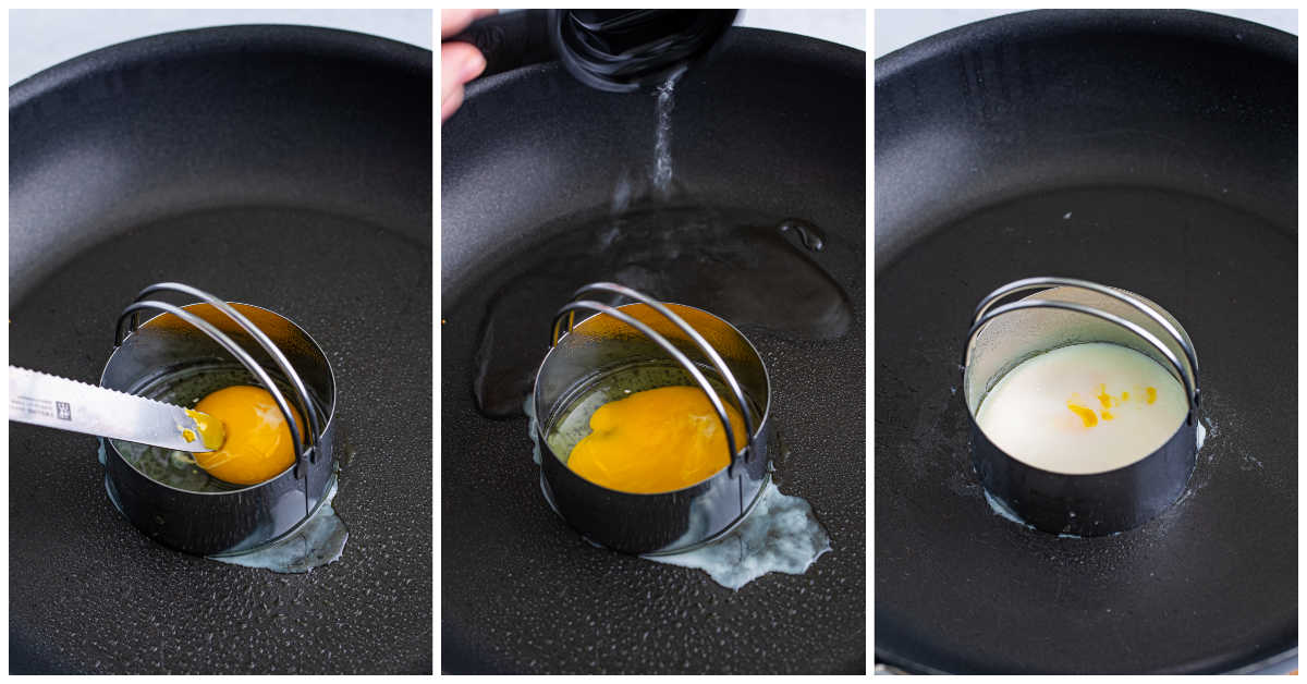Collage of making the eggs in a frying pan.