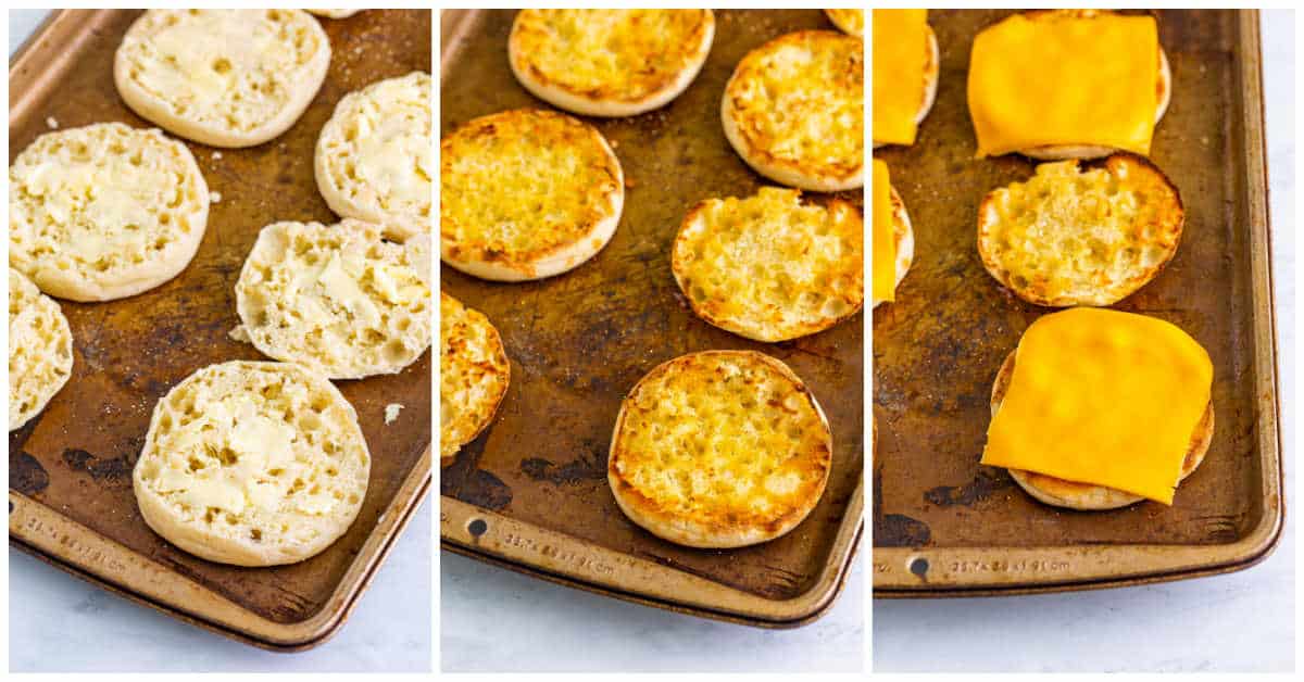 Collage of making the English muffins on a pan.