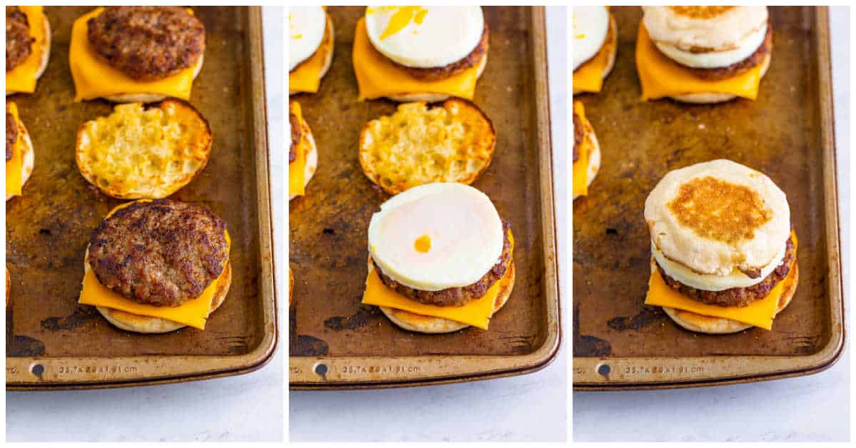 Steps to make copycat McDonald's Sausage Egg McMuffins.