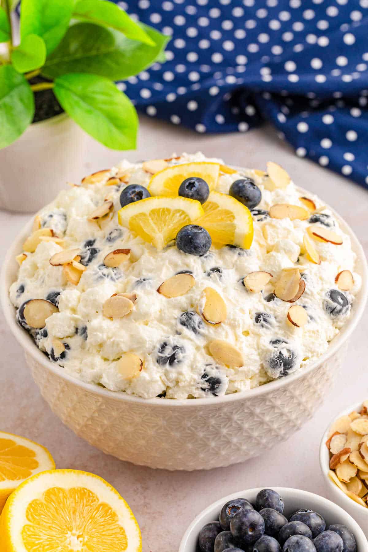 A bowl of lemon blueberry fluff.