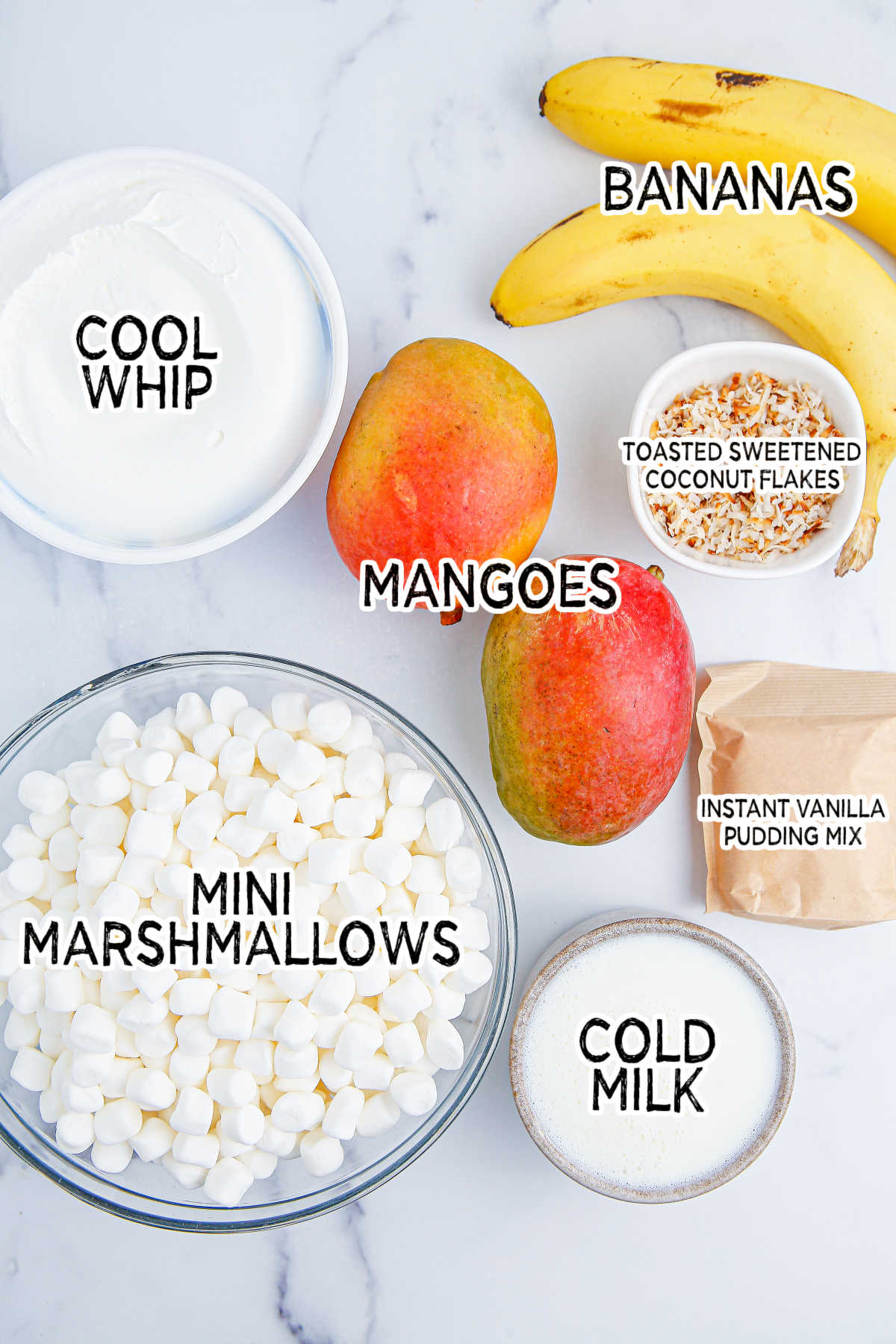 Ingredients to make mango banana marshmallow salad.