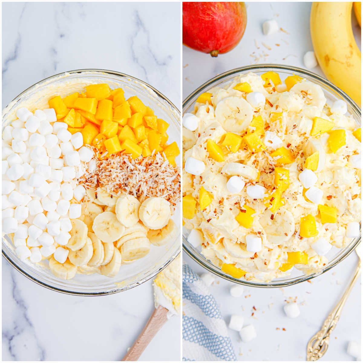 Steps to make mango banana marshmallow salad.