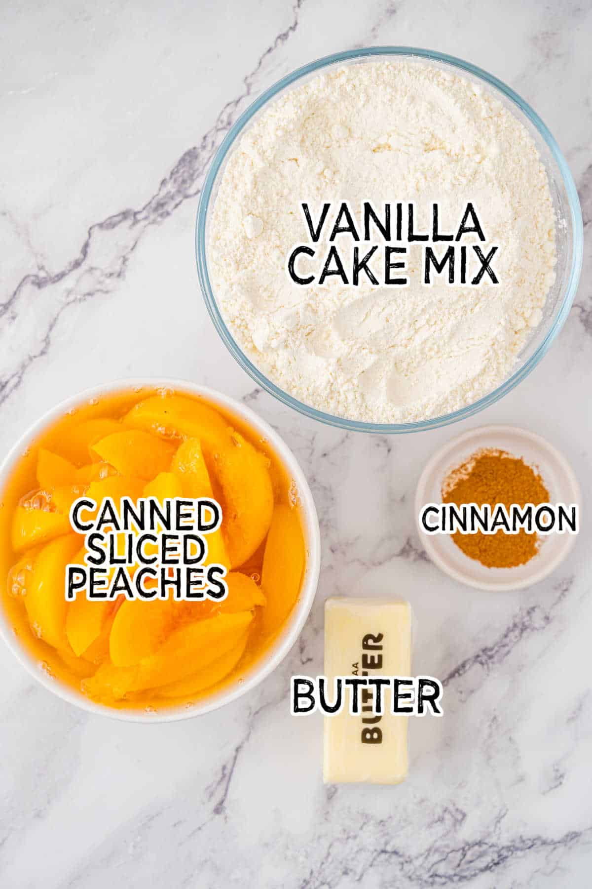 Ingredients to make peach cobbler dump cake.