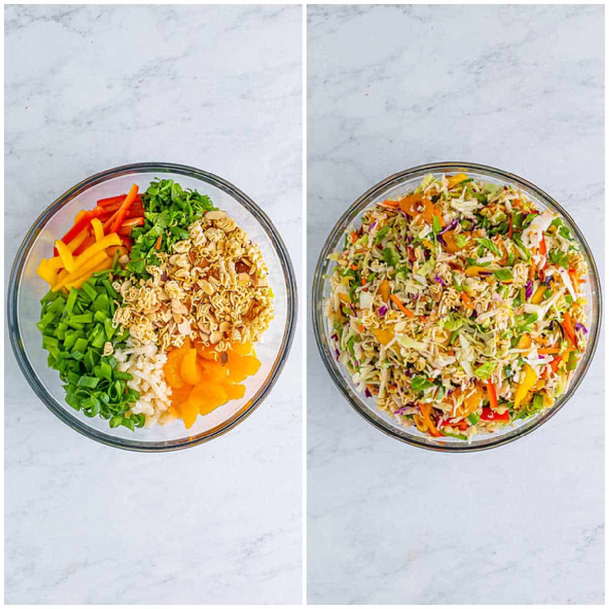 Steps to make ramen noodle salad.