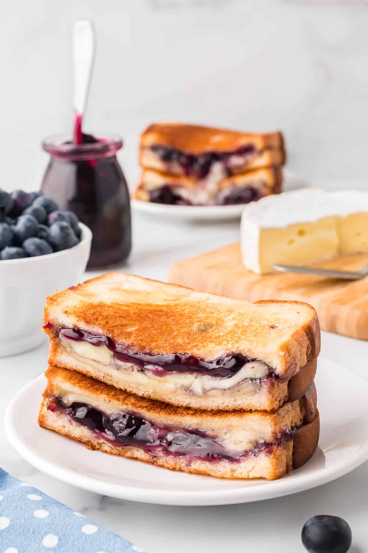 A blueberry brie grilled cheese sandwich on a plate.