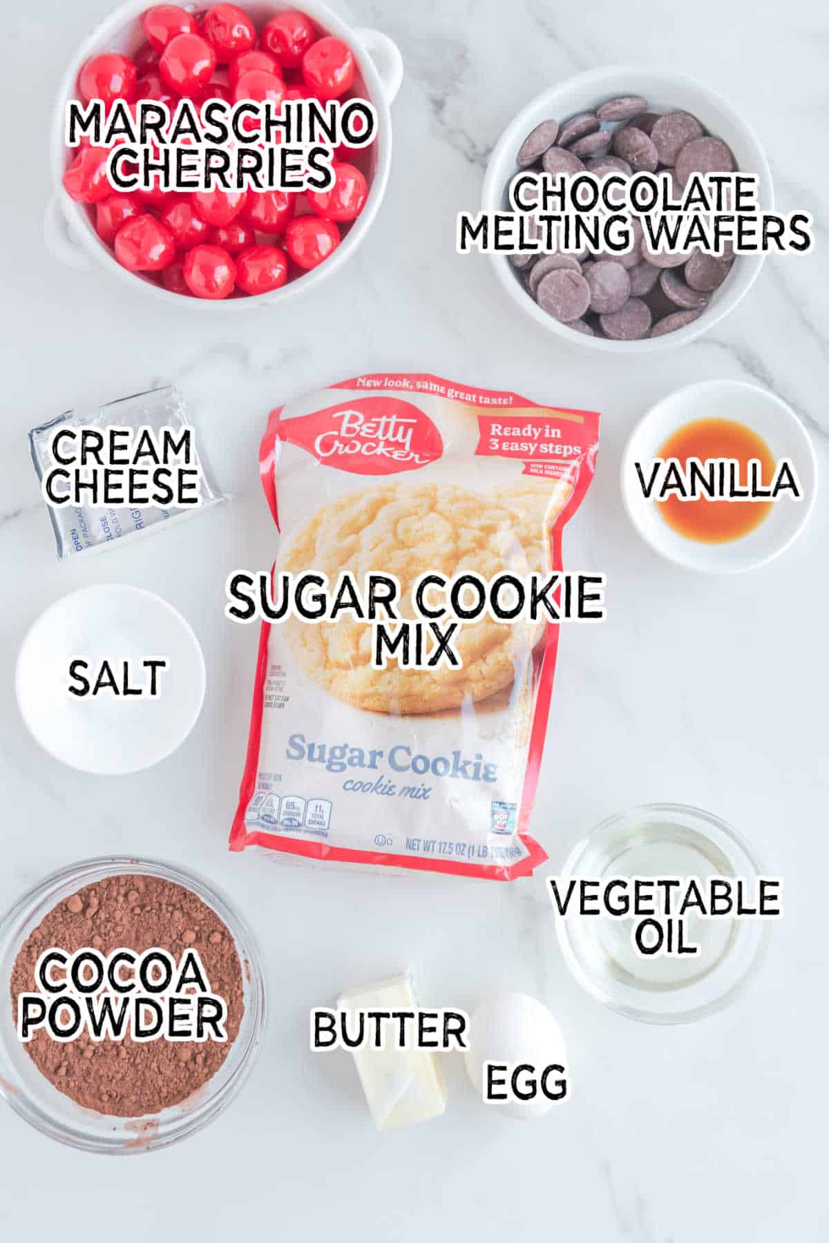 Ingredients to make chocolate cherry cookies.