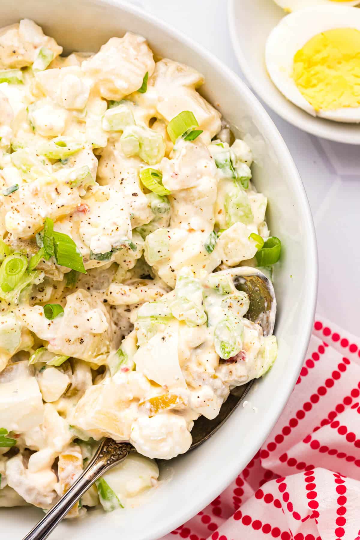 A bowl of cheese potato salad.