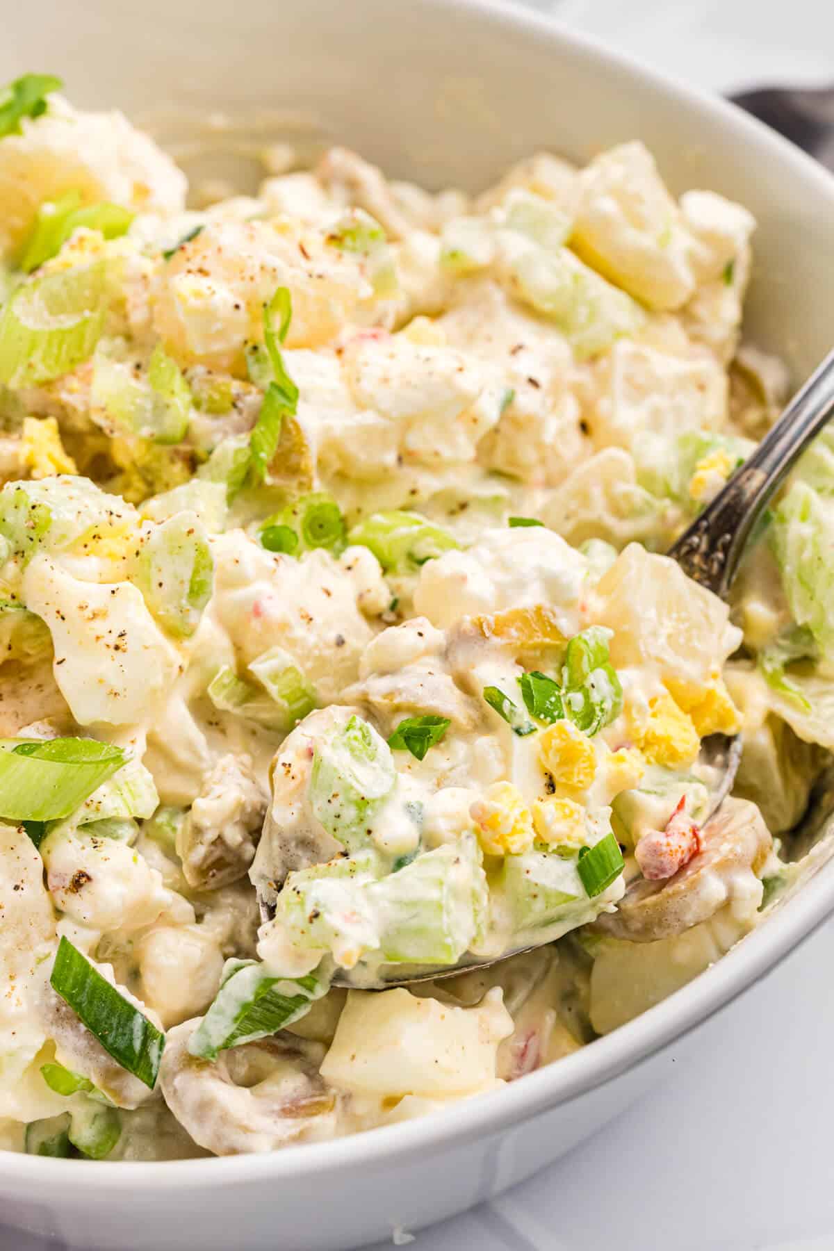 A bowl of cheese potato salad with a spoon.