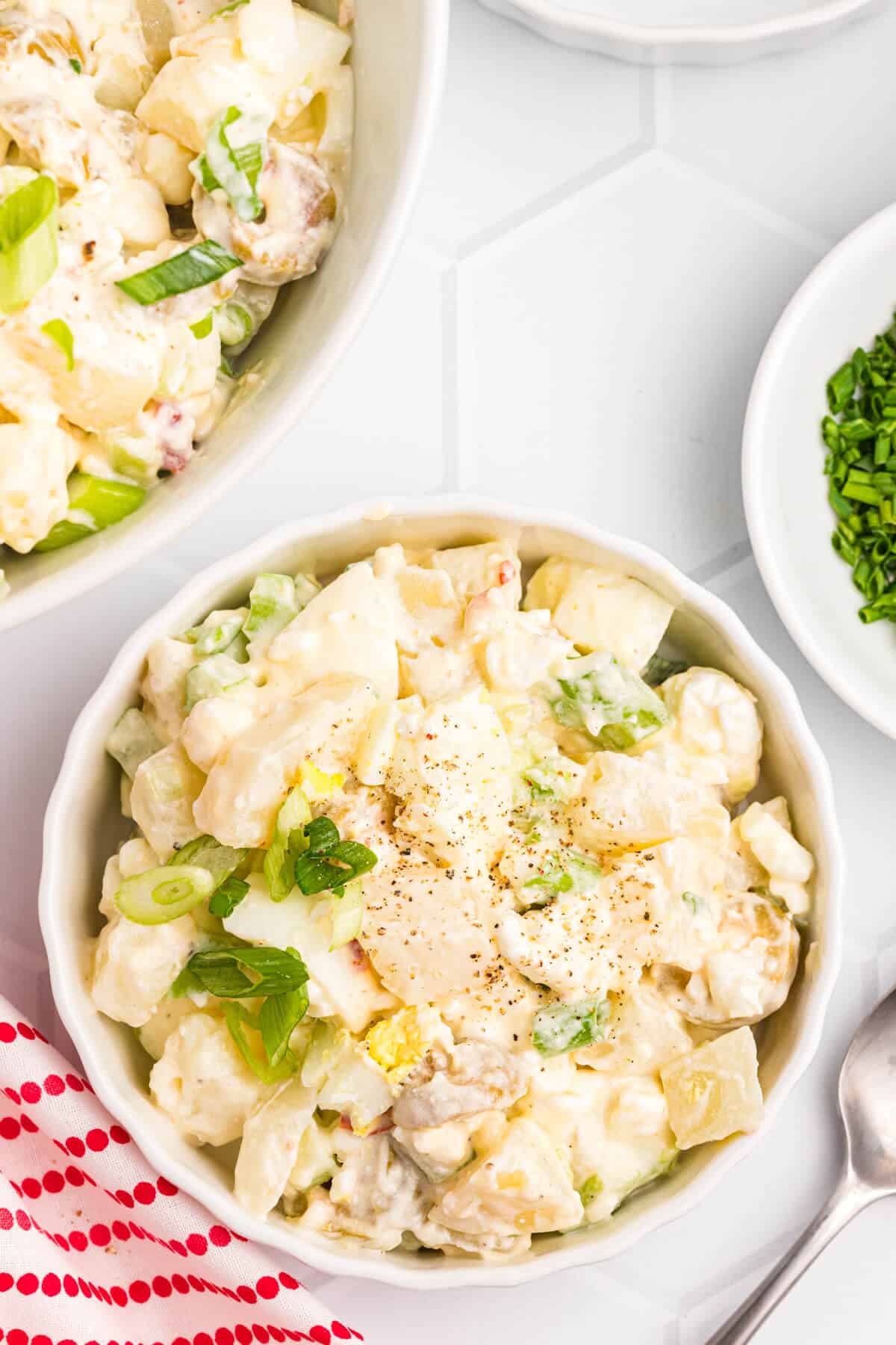 A bowl of cheese potato salad.