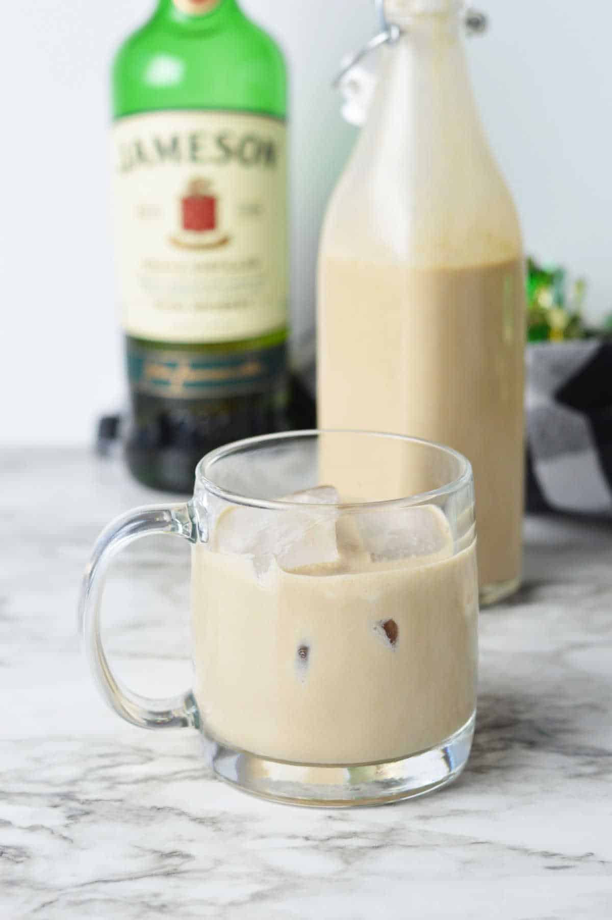 A glass mug of homemade Irish cream.