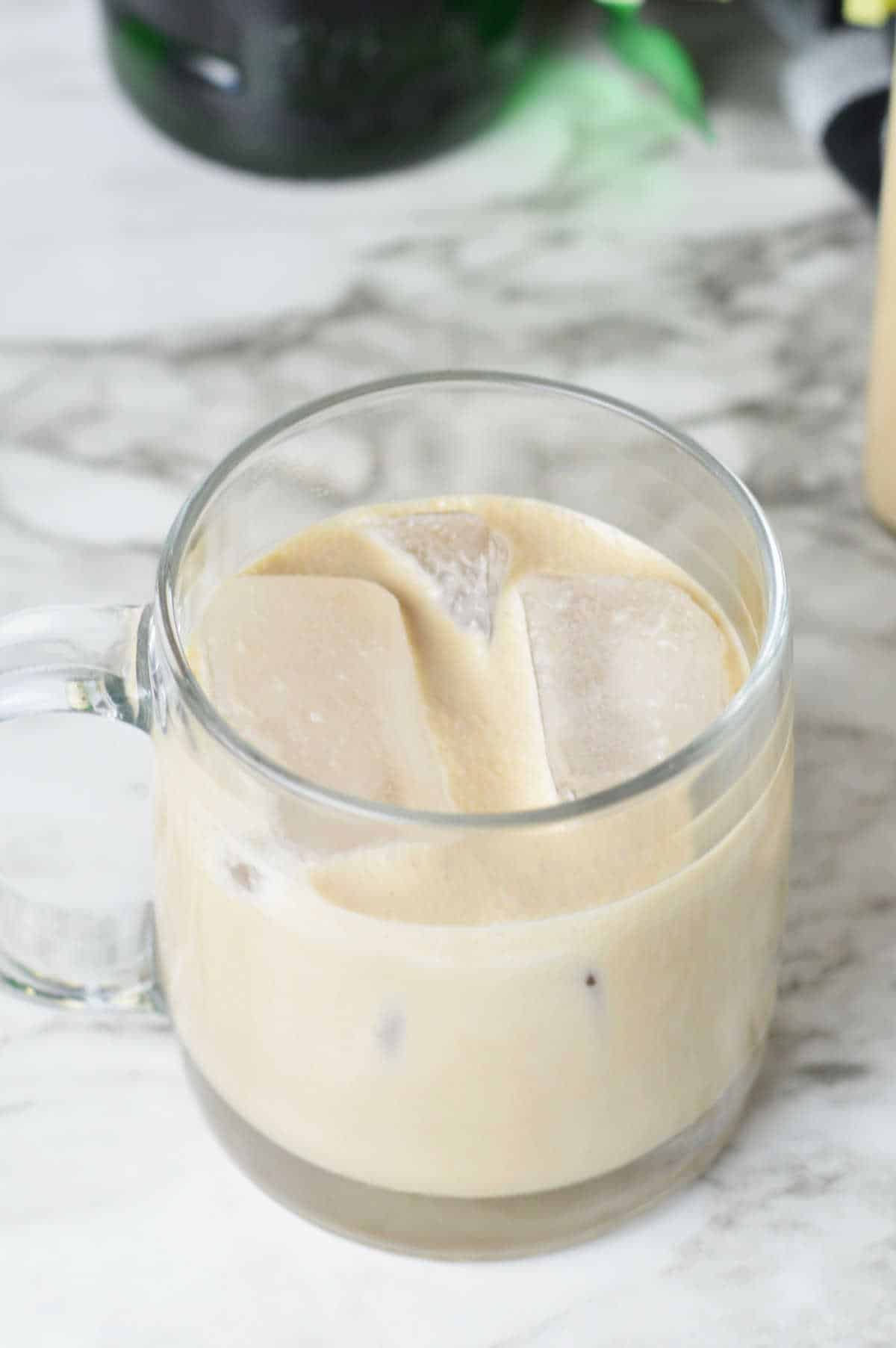 A glass mug of homemade Irish cream.