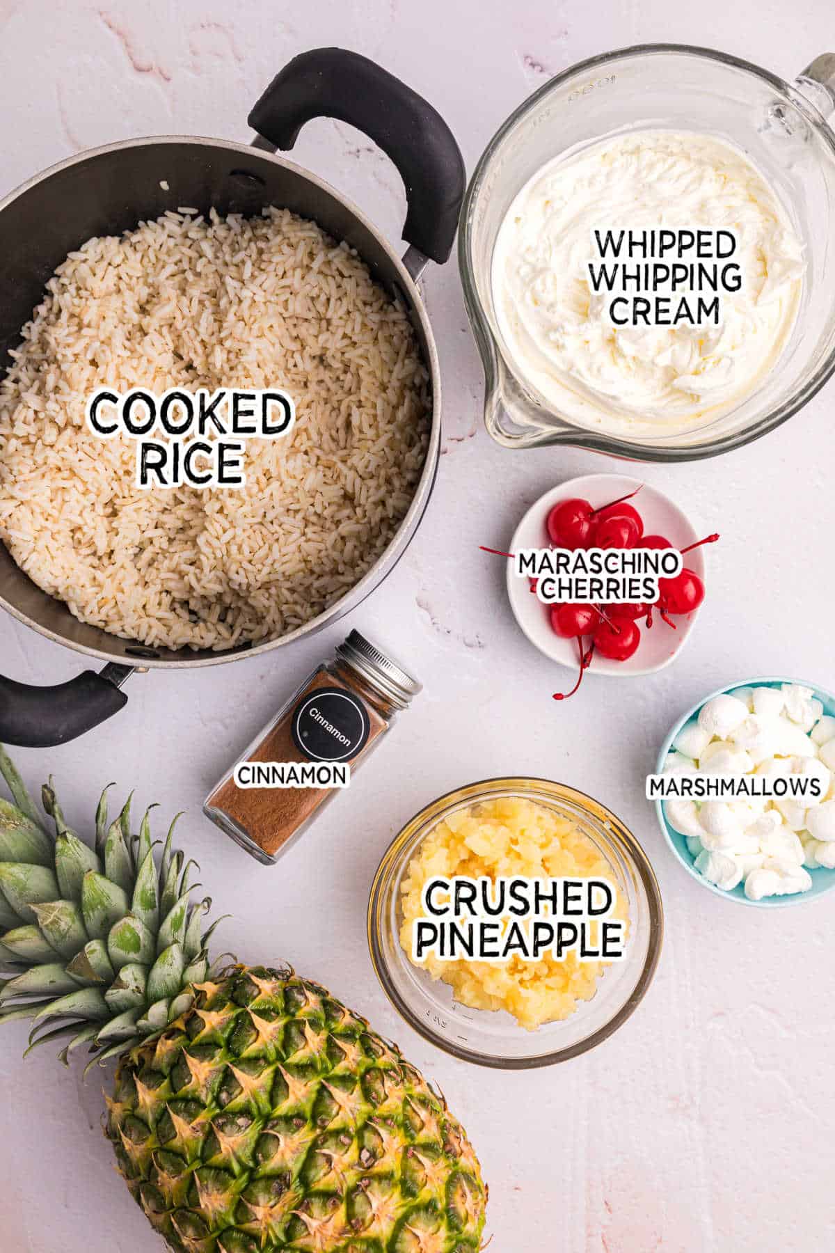 Pineapple rice pudding ingredients.