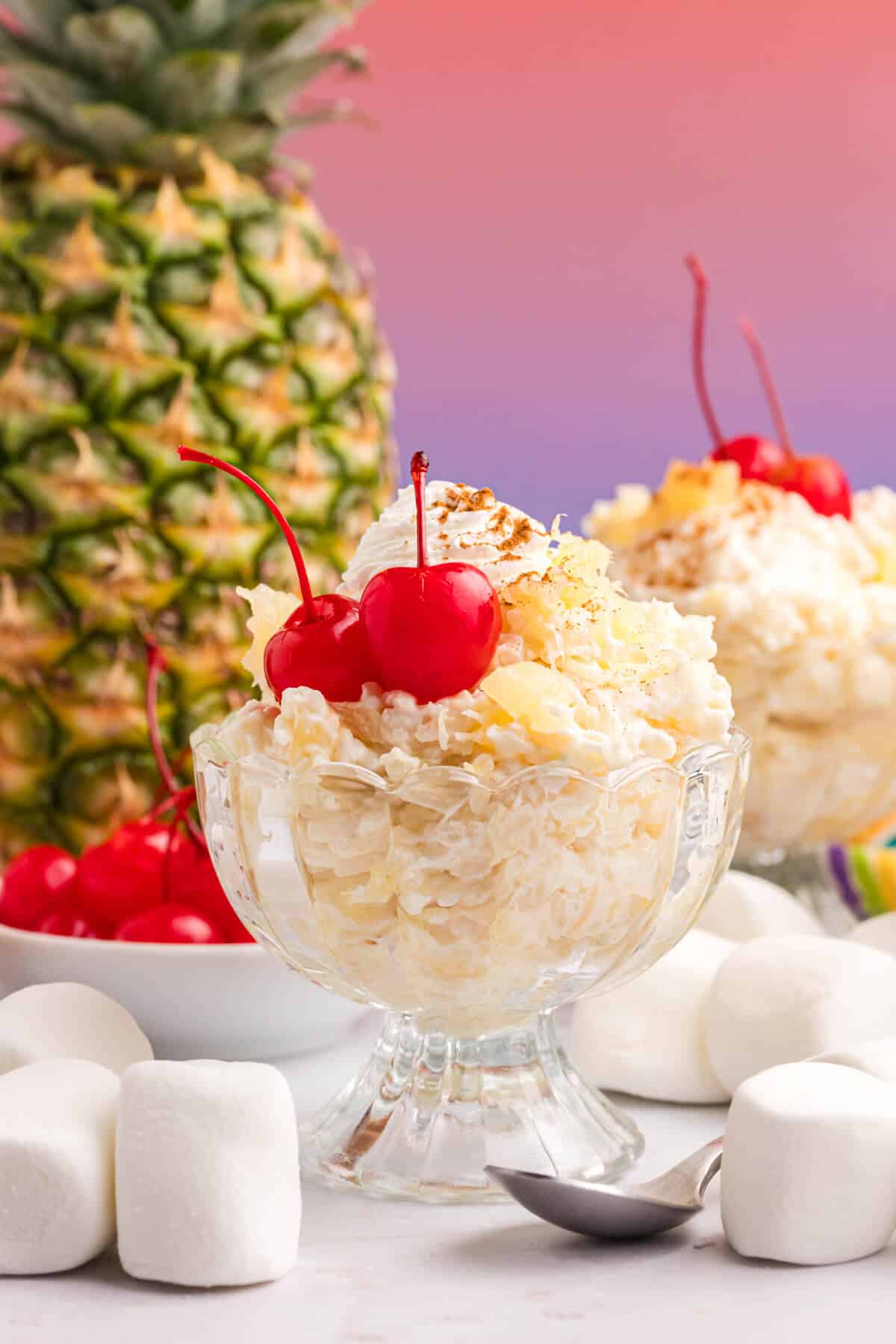 Pineapple Rice Pudding in a parfait dish.