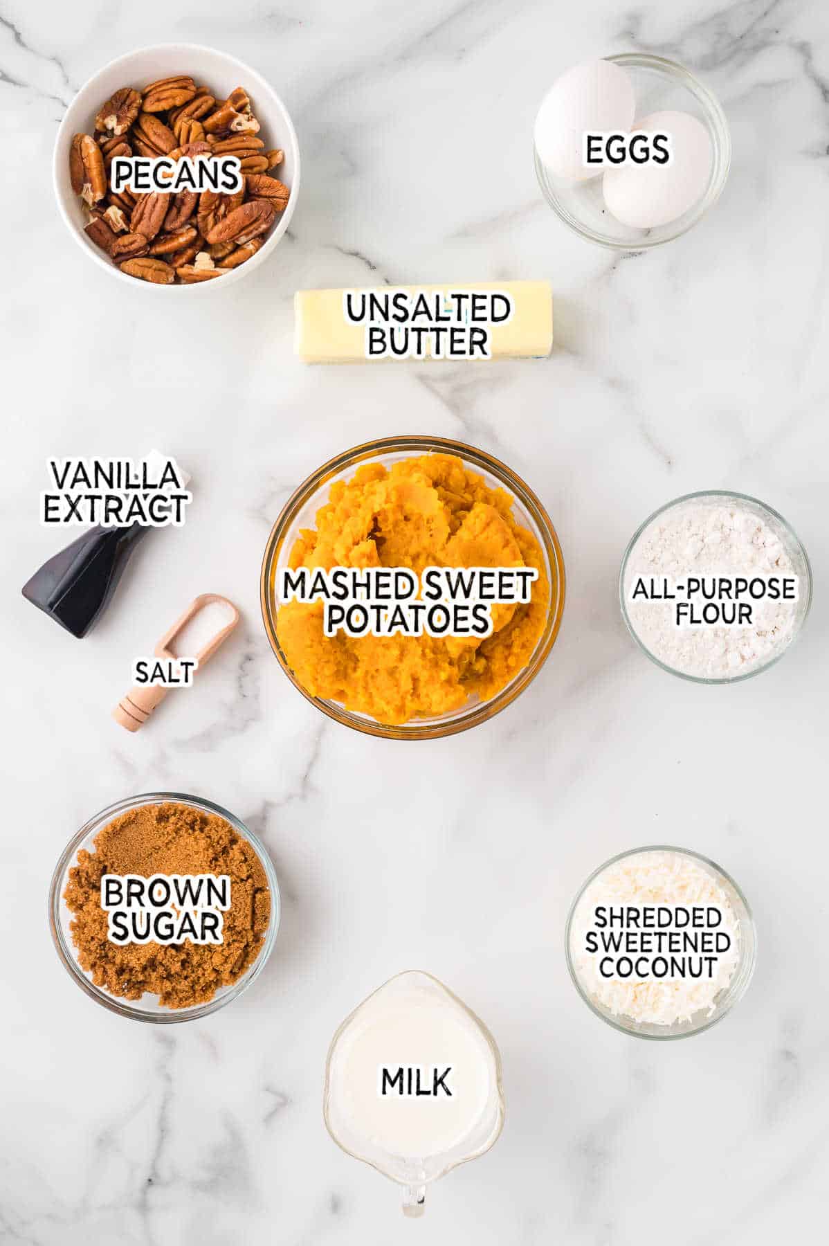 Ingredients to make sweet potato casserole.