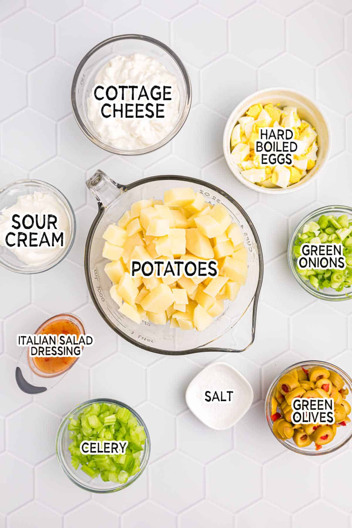 Cheese potato salad ingredients.