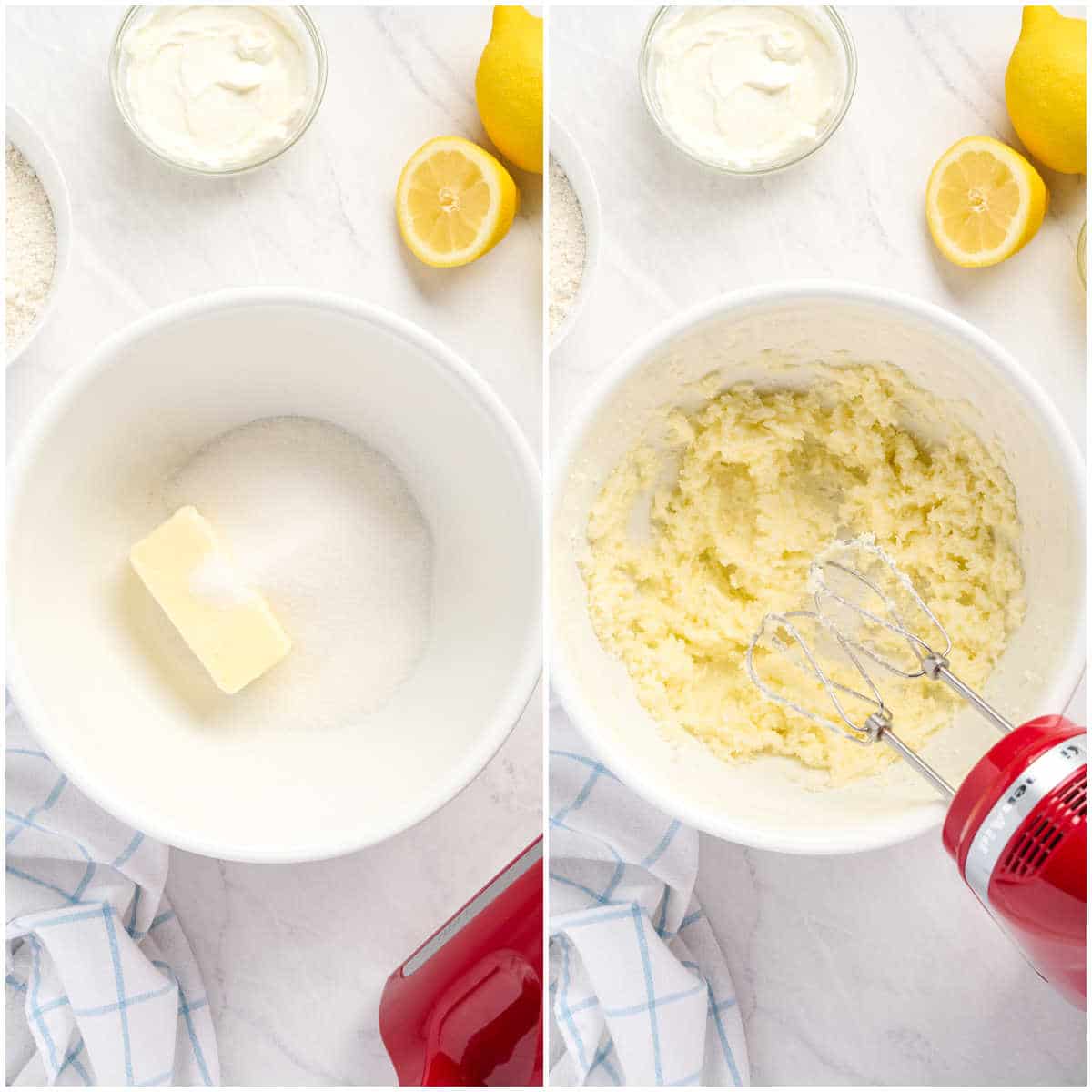 Steps to make lemon pound cake muffins.