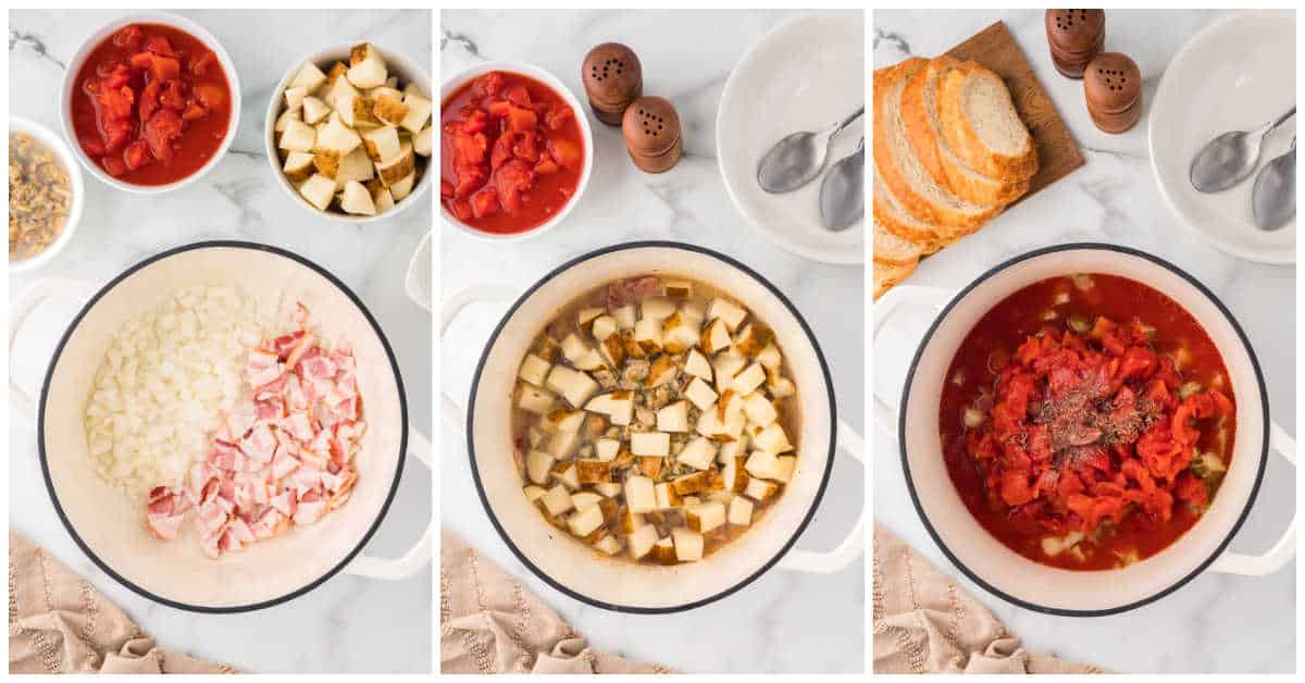 Collage of preparing the soup in a dutch oven.