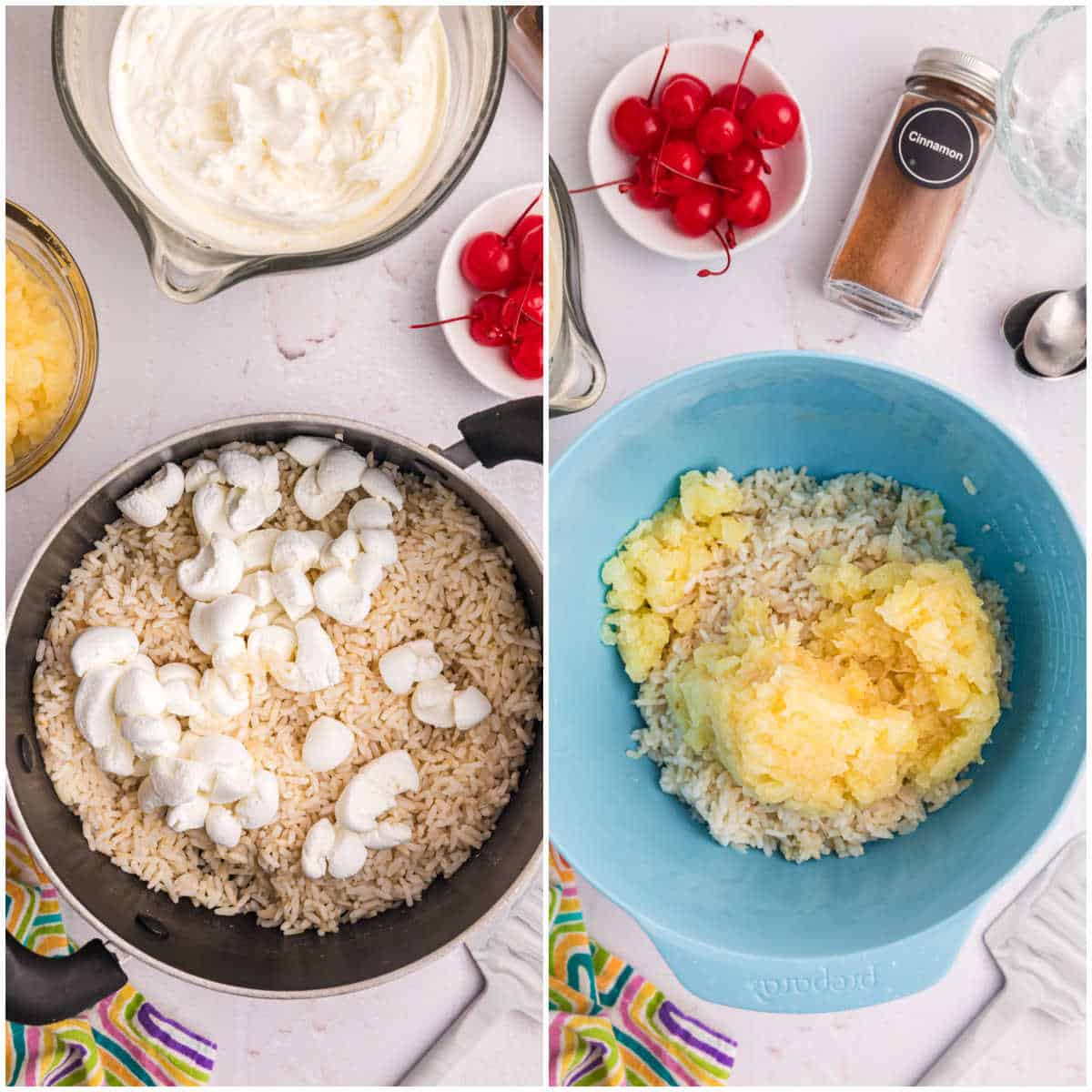 Steps to make pineapple rice pudding.