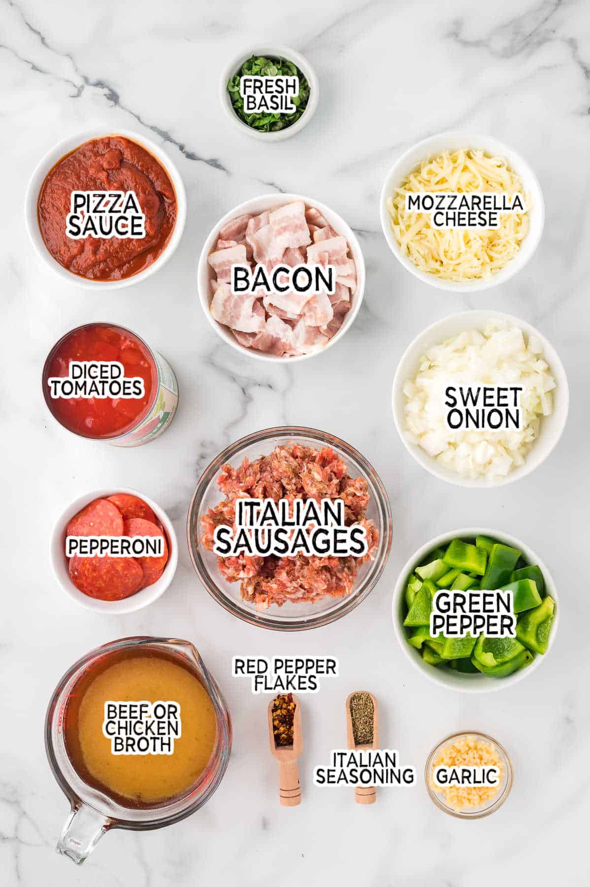 Ingredients on a marble counter.