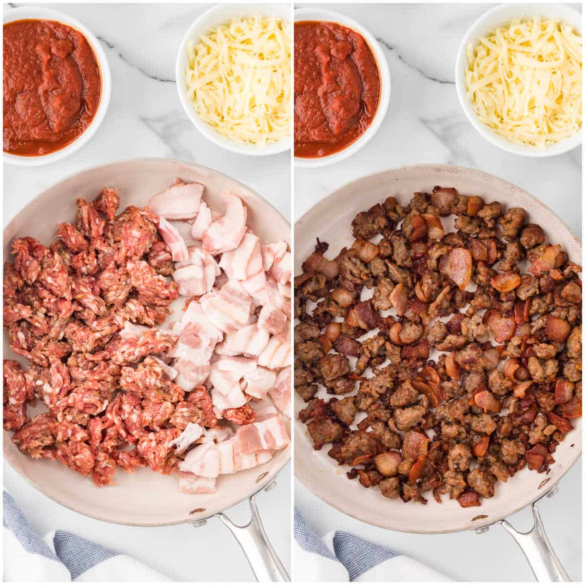 Collage of cooking the meat in a pan.