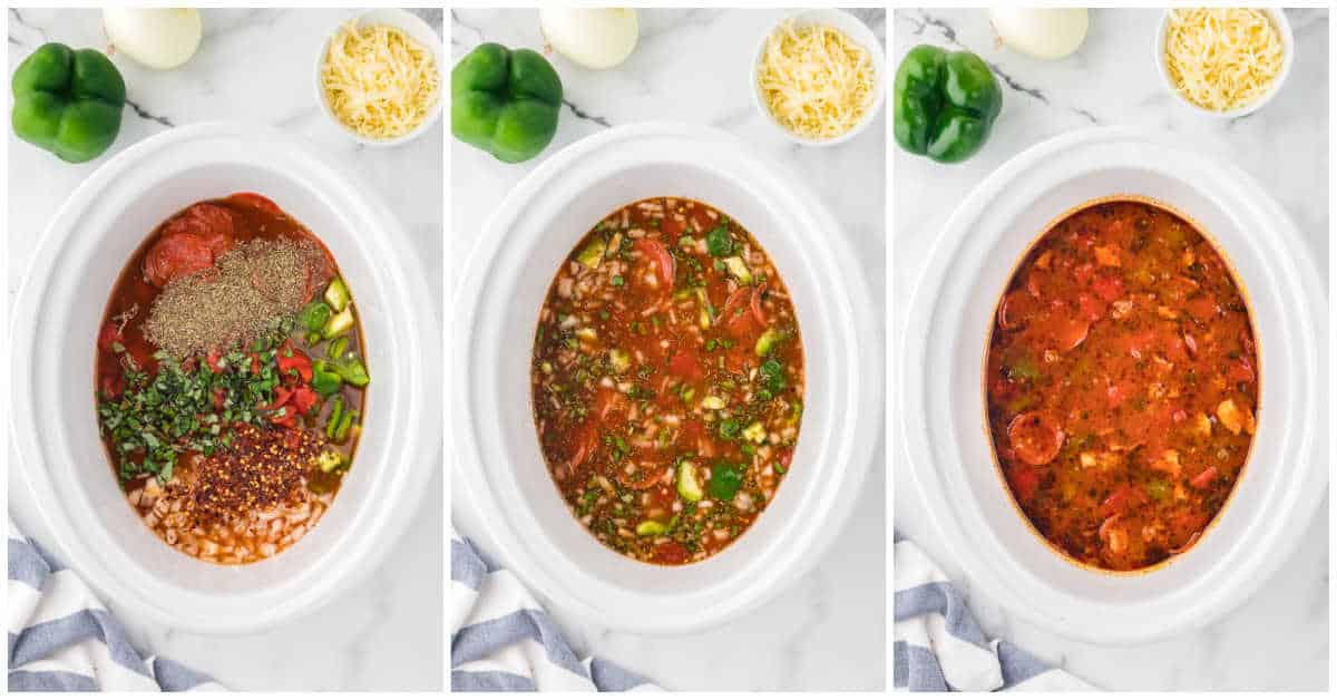 Collage of cooking the ingredients in a white Crockpot.