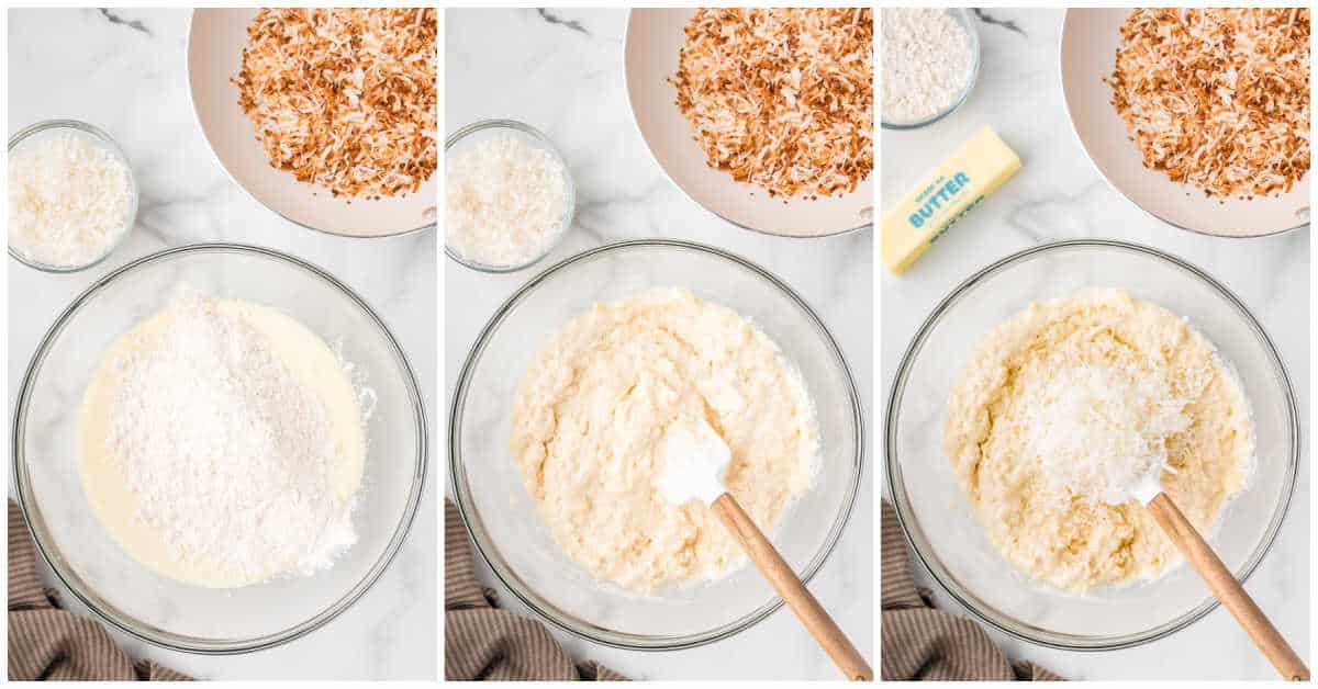 Steps to make toasted coconut muffins.