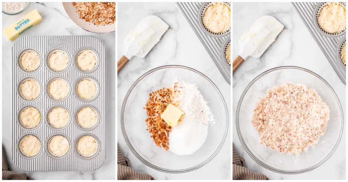 Steps to make toasted coconut muffins.