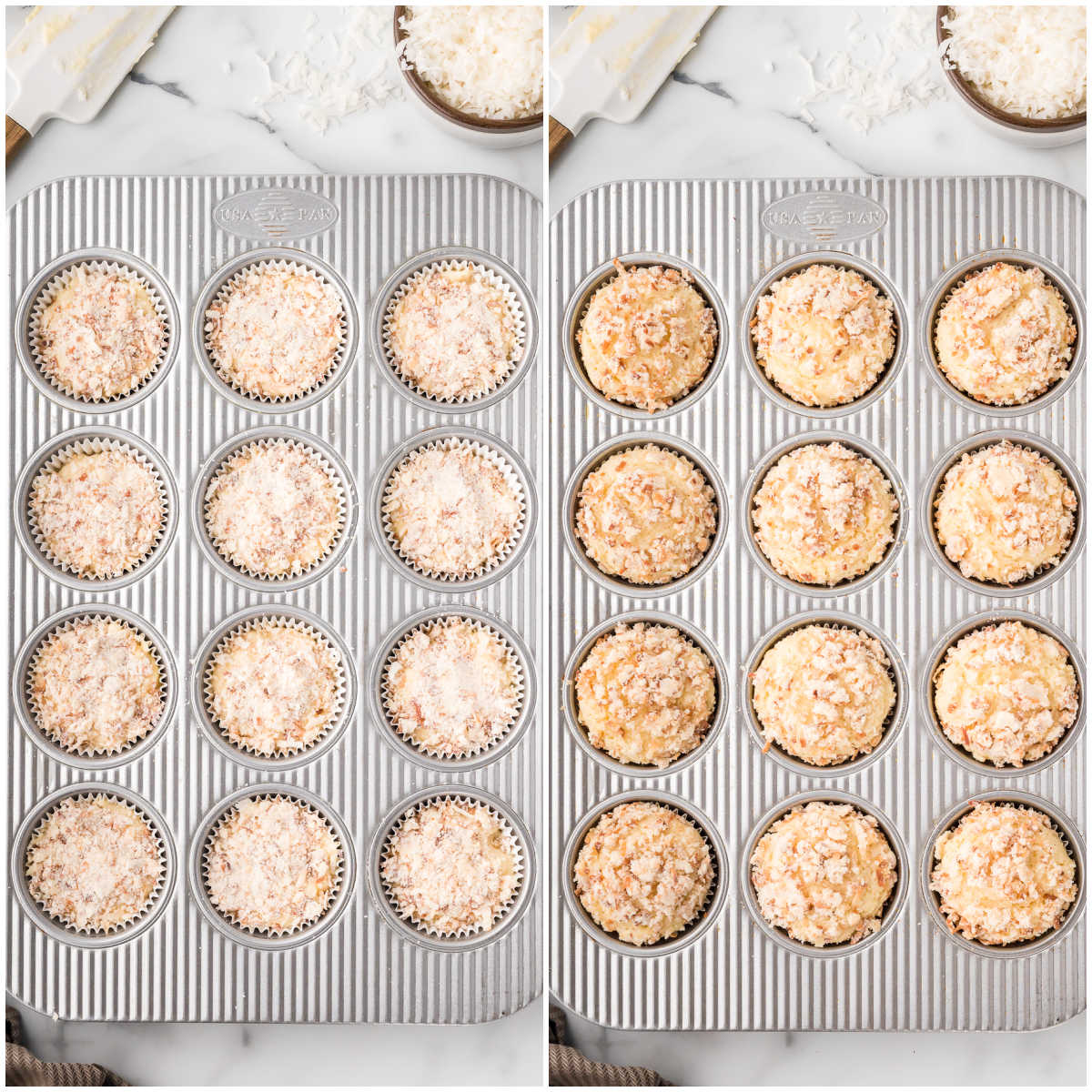 Steps to make toasted coconut muffins.