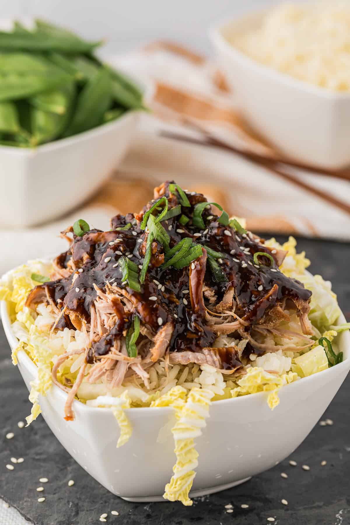 A bowl of rice, cabbage and shredded Asian pork tenderloin.