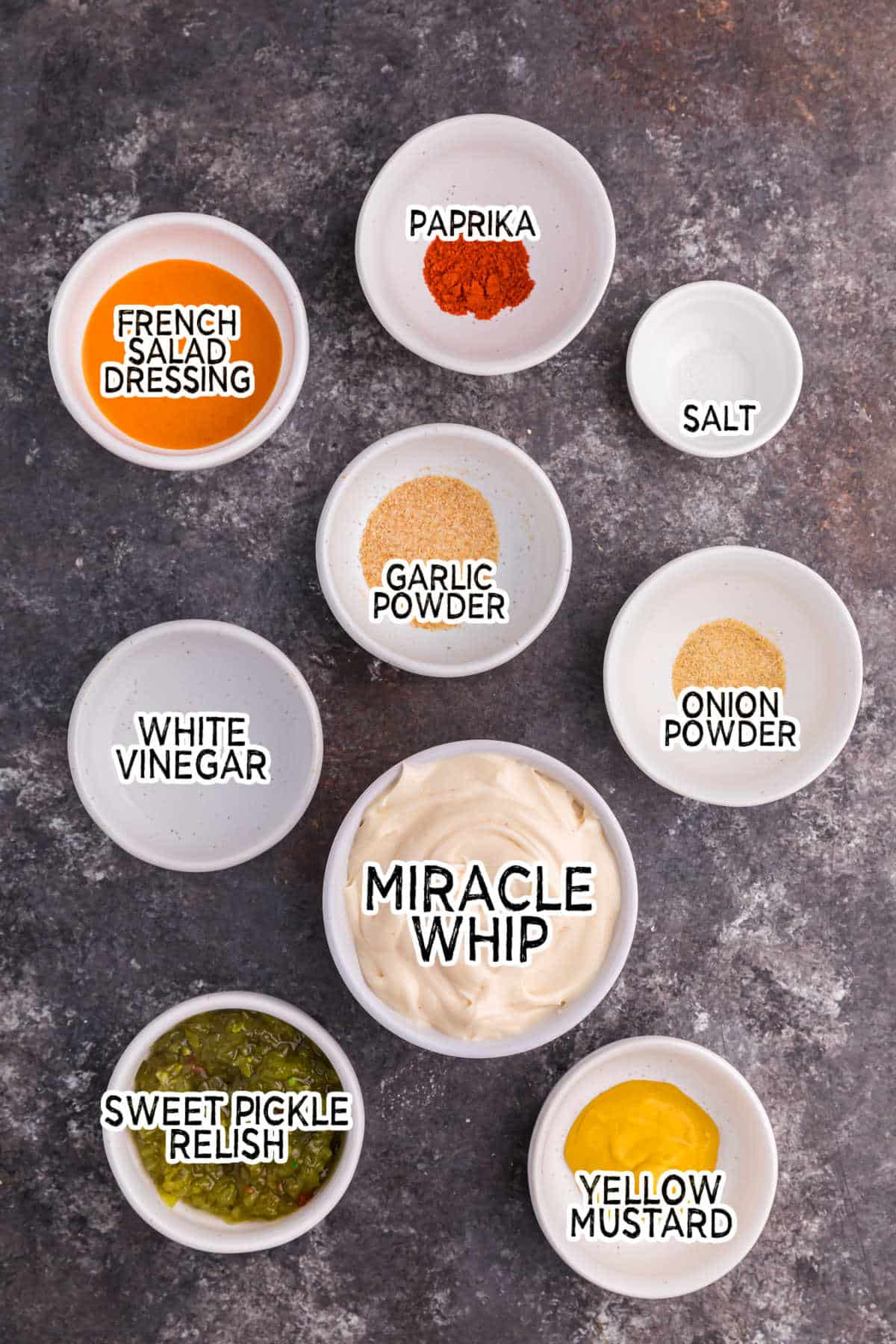 Ingredients to make big mac sauce.