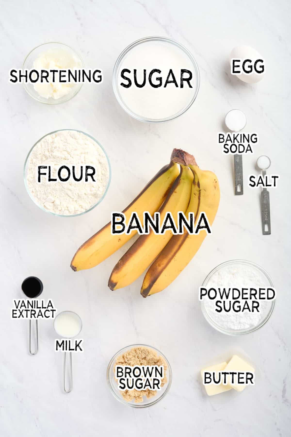 Ingredients to make caramel banana muffins.