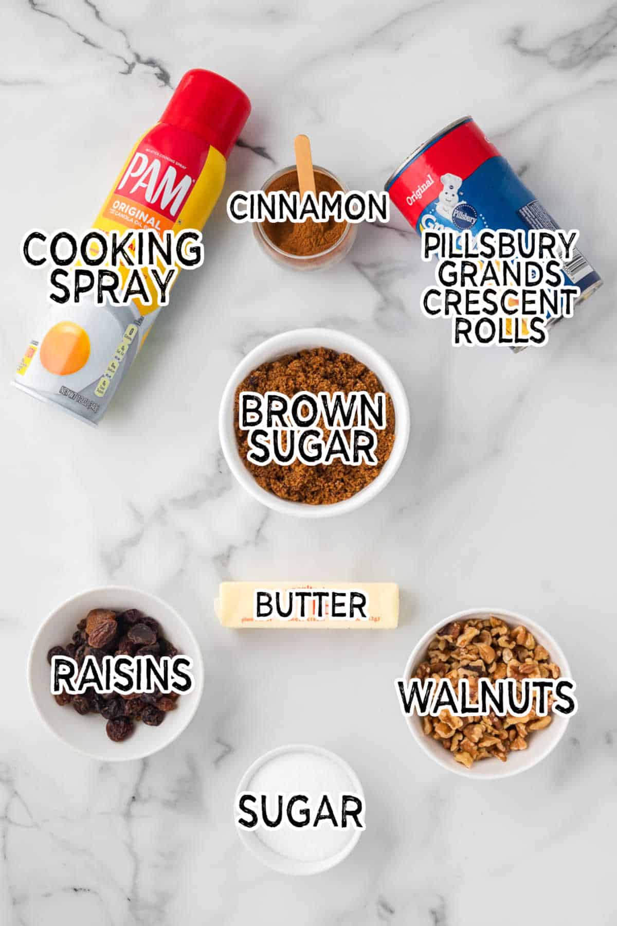Ingredients on a white marble counter.