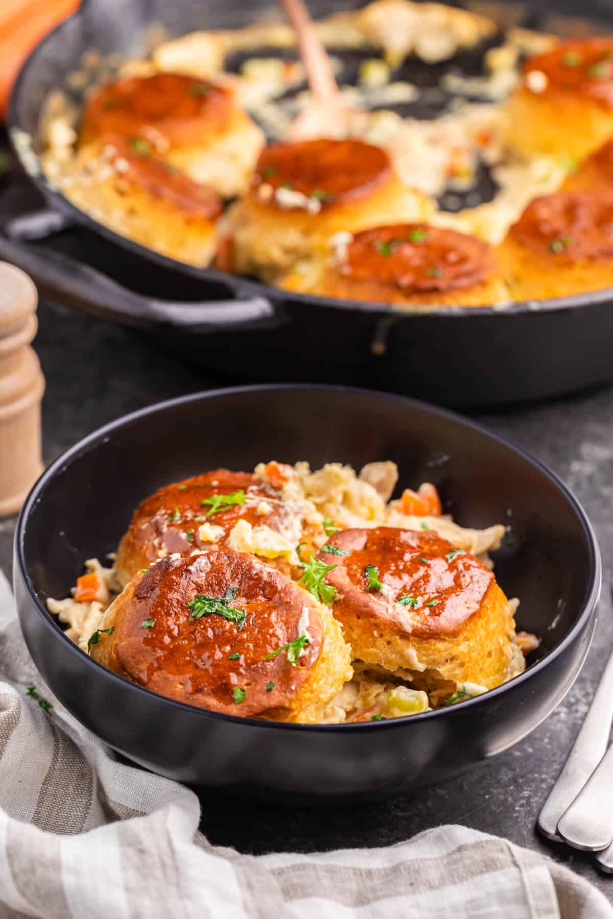 A bowl of cast iron skillet chicken pot.