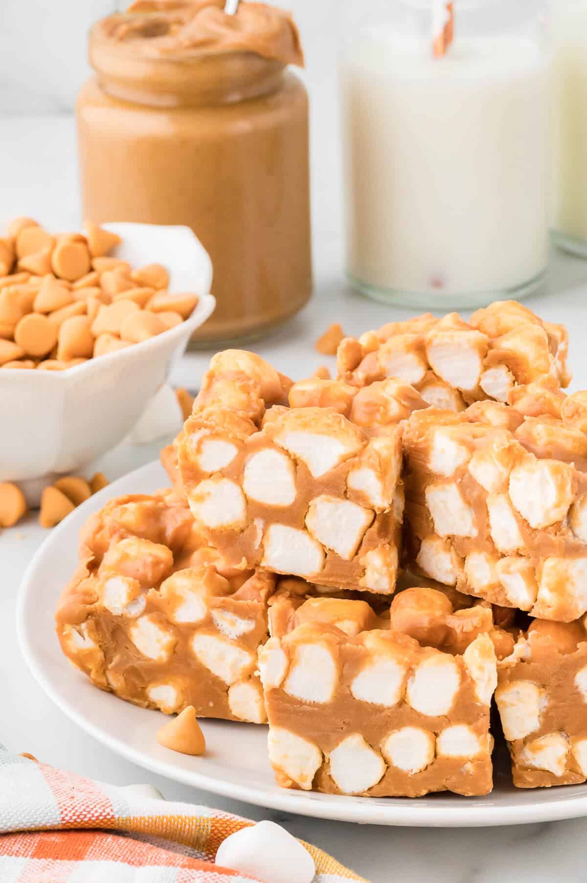 Marshmallow bars on a plate.