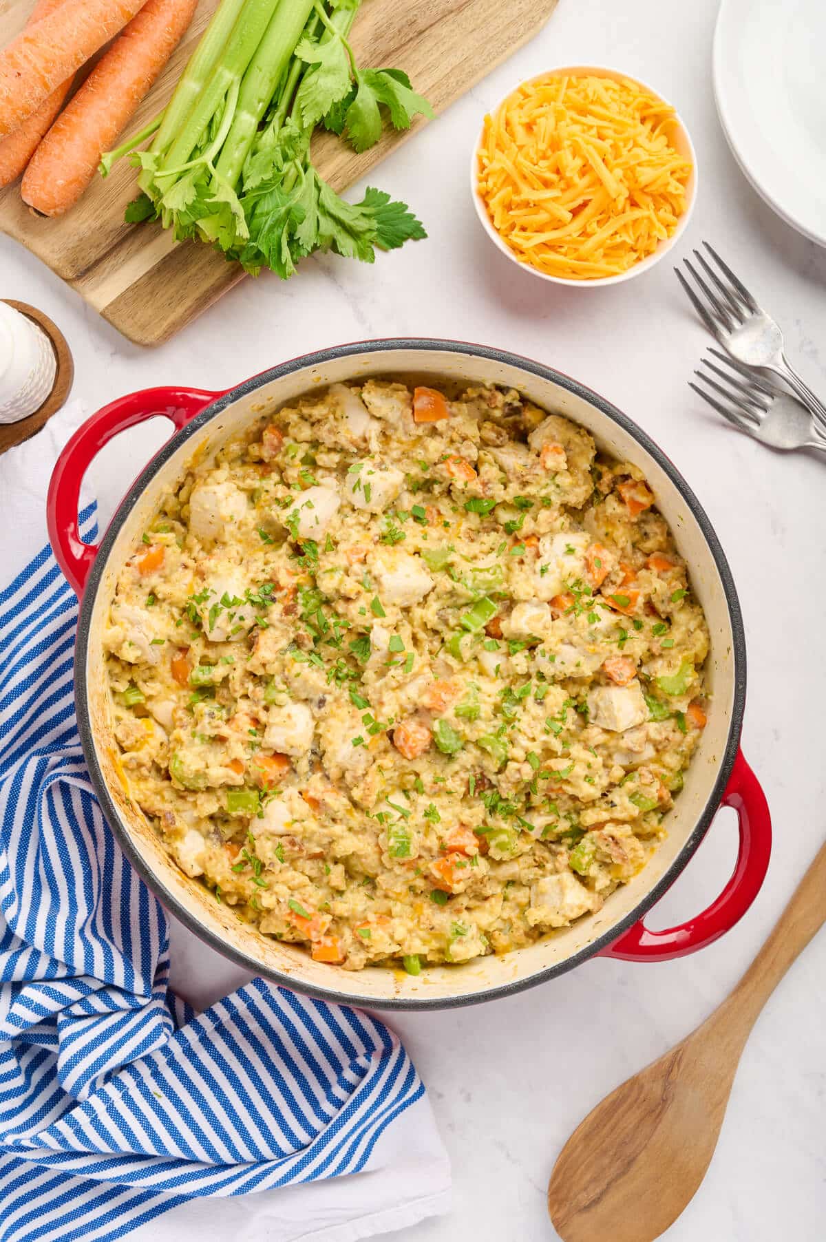 A pot of chicken and stuffing.