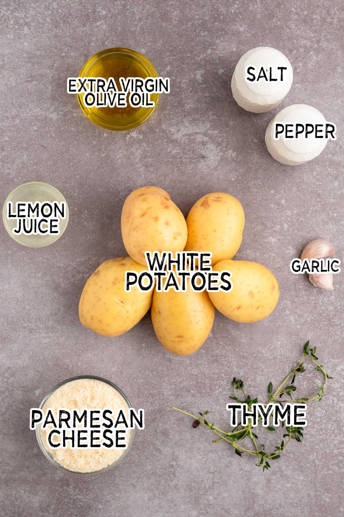 Ingredients to make parmesan thyme roasted potatoes.