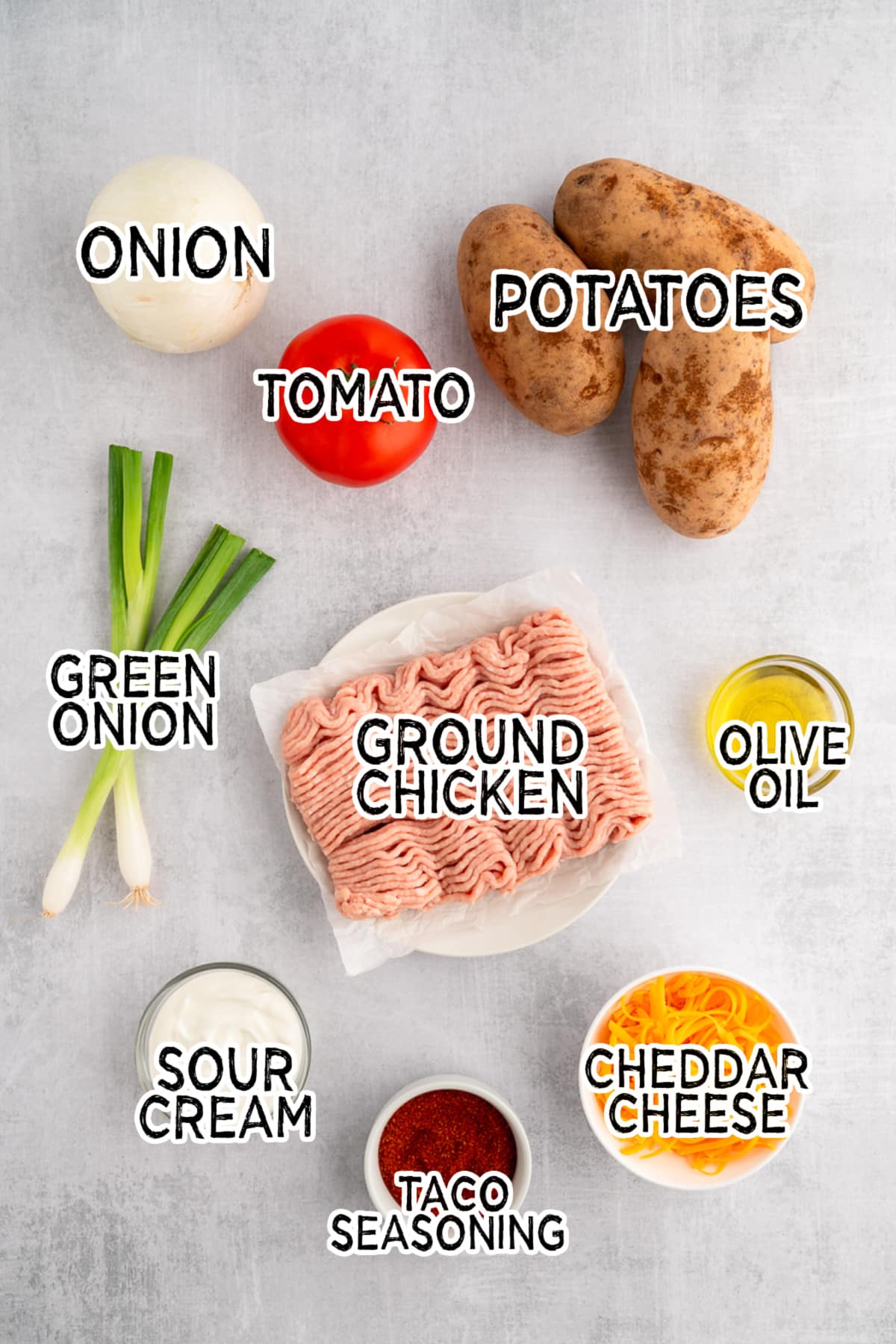 Ingredients to make chicken taco twice-baked potatoes.