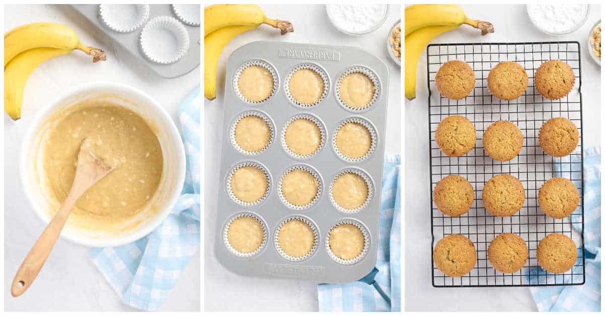 Steps to make caramel banana muffins.